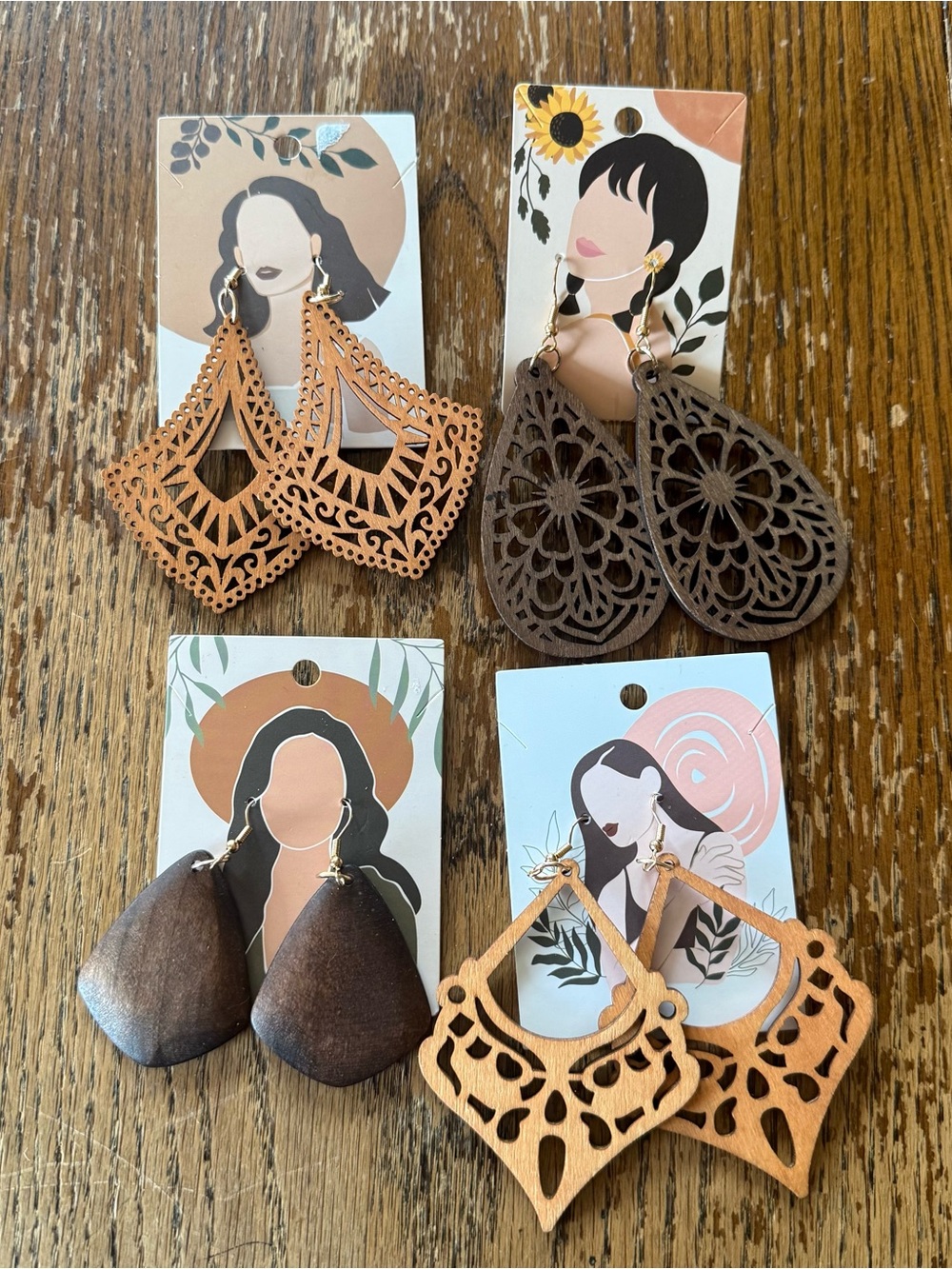 4 Pairs Wooden Dangle Earrings Boho Laser Cut Filigree Teardrop Jewelry Set